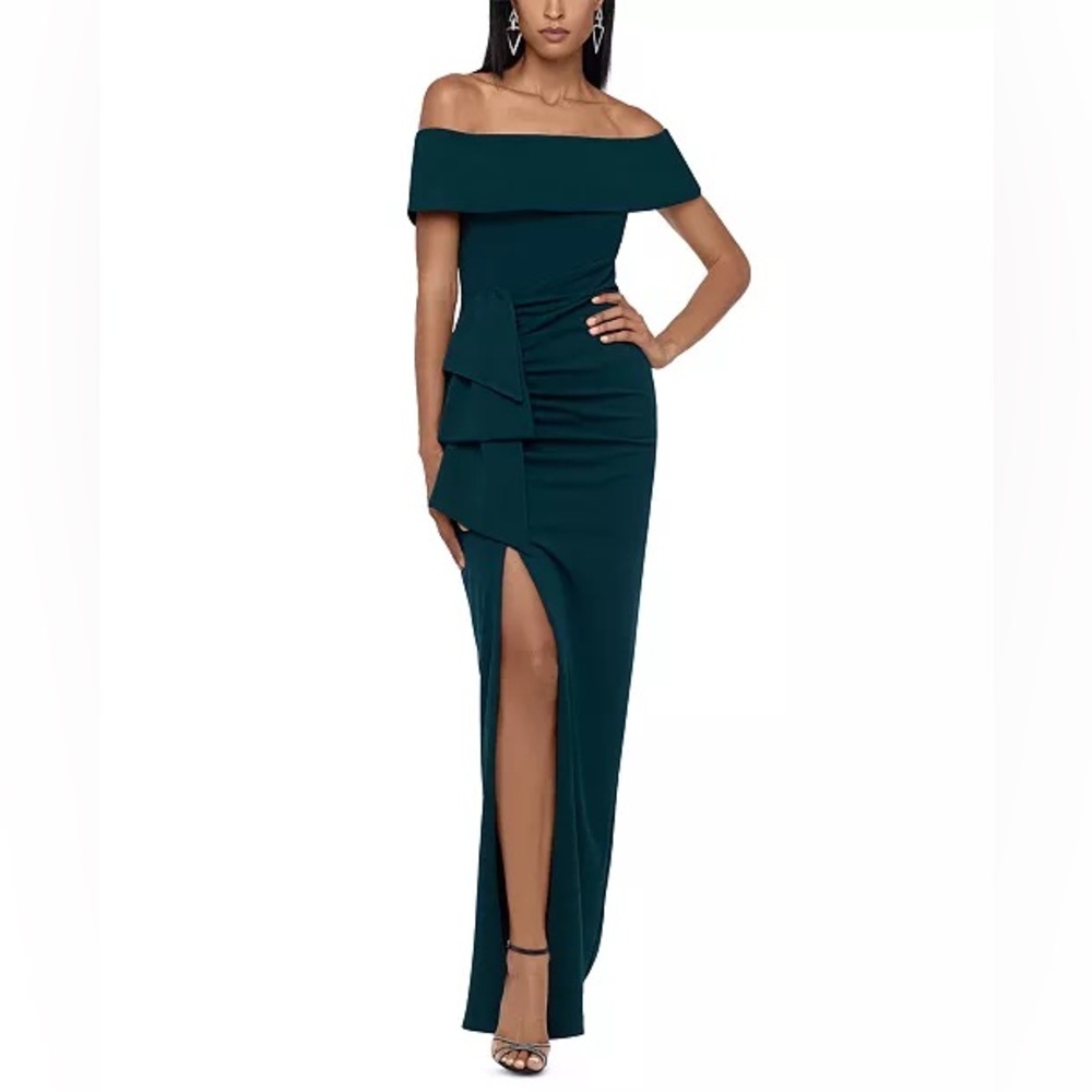 XSCAPE Women's Off The Shoulder Ruched Side Slit Gown, Pine Green